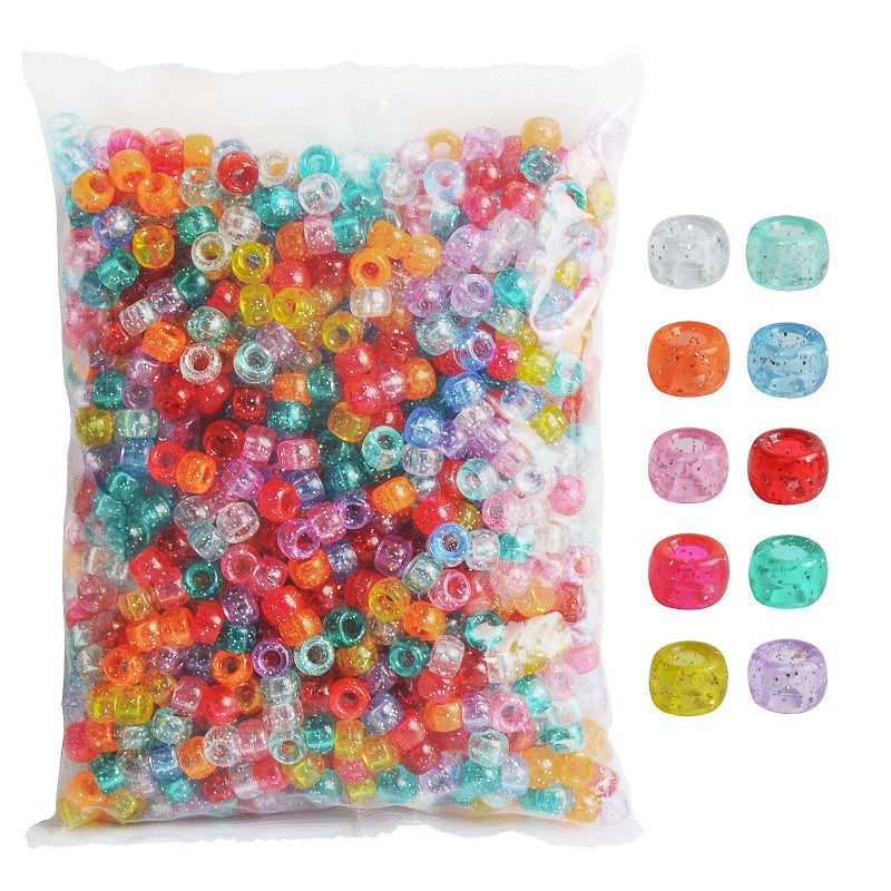 Simetufy 1200 pcs Pony Beads 6x9mm Glitter Clear Plastic Beads Transparent Beads with Sparkling Glitter Assorted 10 Colors for DIY Craft Jewelry Bracelets Making Hair Braiding Keychains Ornaments