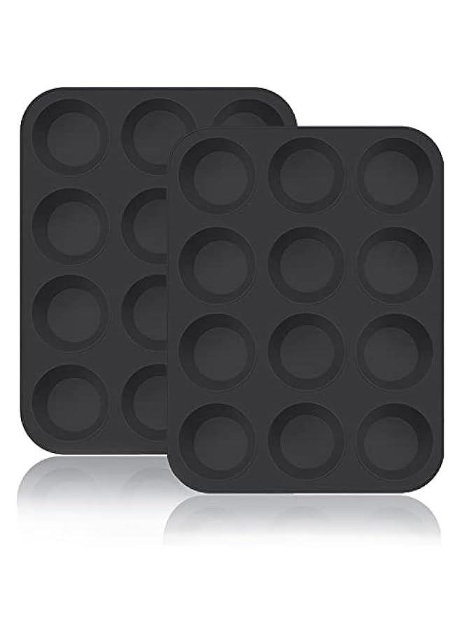 Generic - Silicone Muffin Pans, Cupcake Pans 12 Cups Food Grade Silicone Baking Molds, Large Muffin Tin for Brownies, Cupcake, Pudding, Fat Bomb, Egg Muffin, 100% Non-Stick (Black, 2 Pack) - Image 1