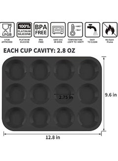 Generic Silicone Muffin Pans, Cupcake Pans 12 Cups Food Grade Silicone Baking Molds, Large Muffin Tin for Brownies, Cupcake, Pudding, Fat Bomb, Egg Muffin, 100% Non-Stick (Black, 2 Pack)  - Image 2