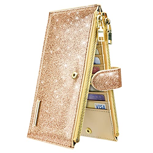 Coco Rossi Womens RFID Blocking Glitter Leather Multi Card Organizer Bifold Black Wallet with Zipper Pocket, Champagne Gold Glitter - Image 1