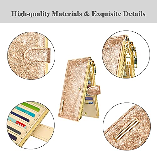 Coco Rossi Womens RFID Blocking Glitter Leather Multi Card Organizer Bifold Black Wallet with Zipper Pocket, Champagne Gold Glitter - Image 4