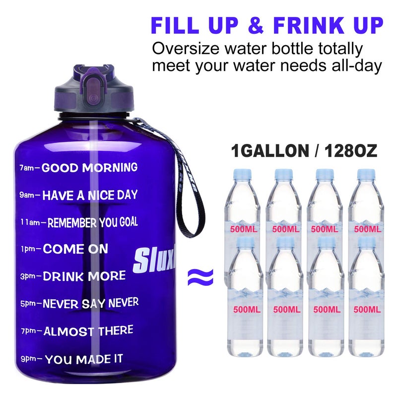 SLUXKE Gallon Water Bottle with Straw and Time Marker, 128oz BPA Free Big Water Jug, LeakProof Purple - Image 2