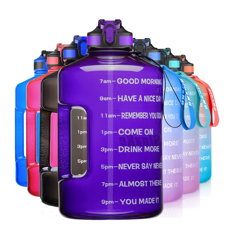 SLUXKE Gallon Water Bottle with Straw and Time Marker, 128oz BPA Free Big Water Jug, LeakProof Purple - Image 1