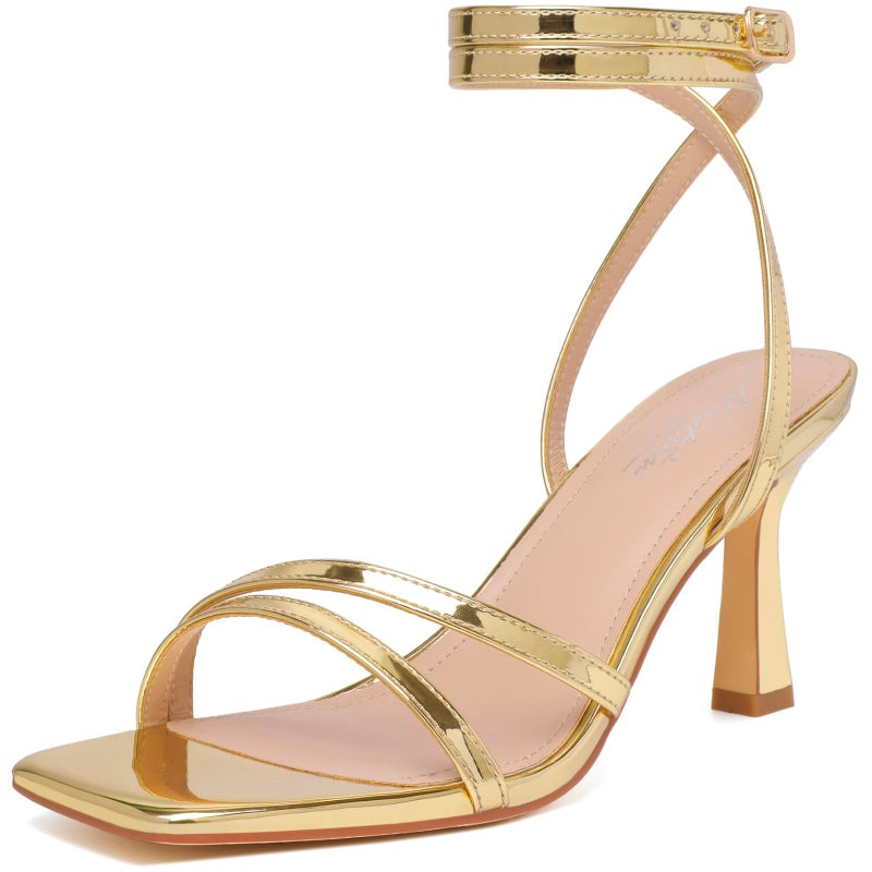 Mostrin Gold Sandals for Women - Strappy Lace Up Ankle Strap Square Open Toe Stiletto High Heel for Wedding, Prom, Party, Daily - Size 7.5 - Image 1