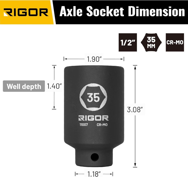 Rigor 11007 35mm Axle Nut Impact Socket | 1/2-Inch Drive, 6 Point, Deep, CR-MO, Metric | Quick-Fit for Hog Ring Anvil | Laser Etched - Image 2
