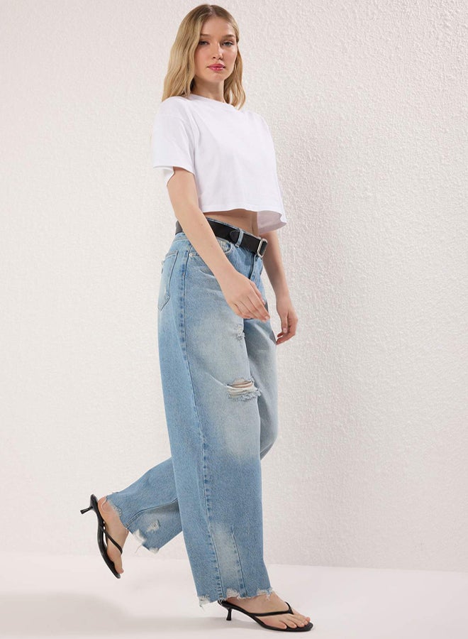 trendyol Dark Blue Ripped Detailed Regular Waist Skater Baggy Jeans - Image 2