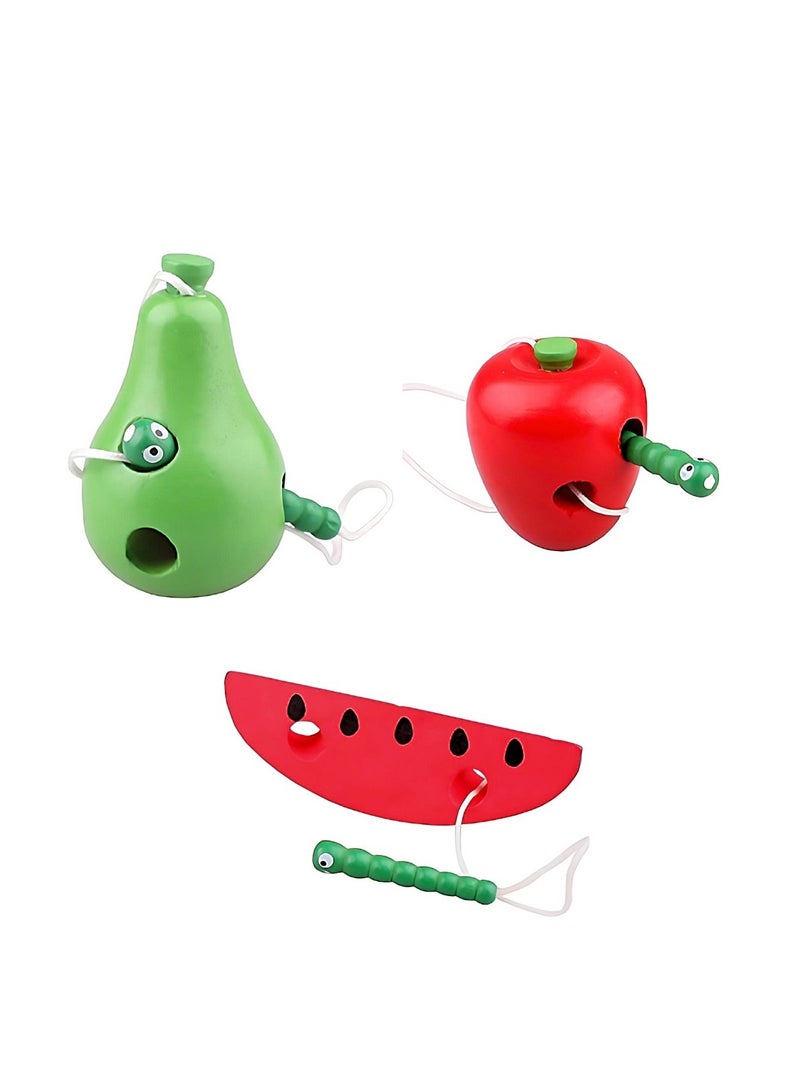 Made2Motivate Wooden Apple Lacing Fruits Threading Game Puzzle Kids Toys, Wooden Fruits Toys with Caterpillar Lace Learning Educational Baby Toys Block Puzzle for Kids Boys Girls - Image 1