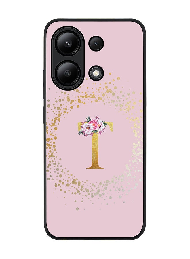 Stylizedd Rugged Black edge case for Xiaomi Redmi Note 13 4G, Slim fit Cover Custom Monogram Initial Letter Floral Pattern Alphabet - T  (Pink ) - Image 1