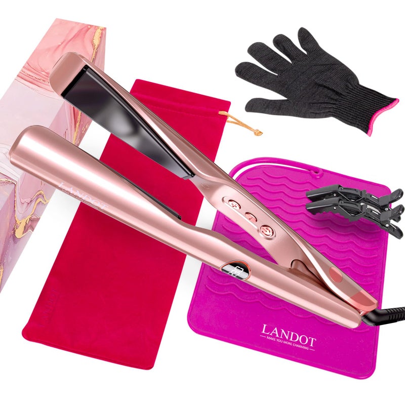 LANDOT LANDOT 2in1 Flat Iron Curling Iron 30s HeatUp 12 Temp Settings Ceramic Coating SalonPerfect Straightening Curling TangleFree Design with HeatResistant Mat