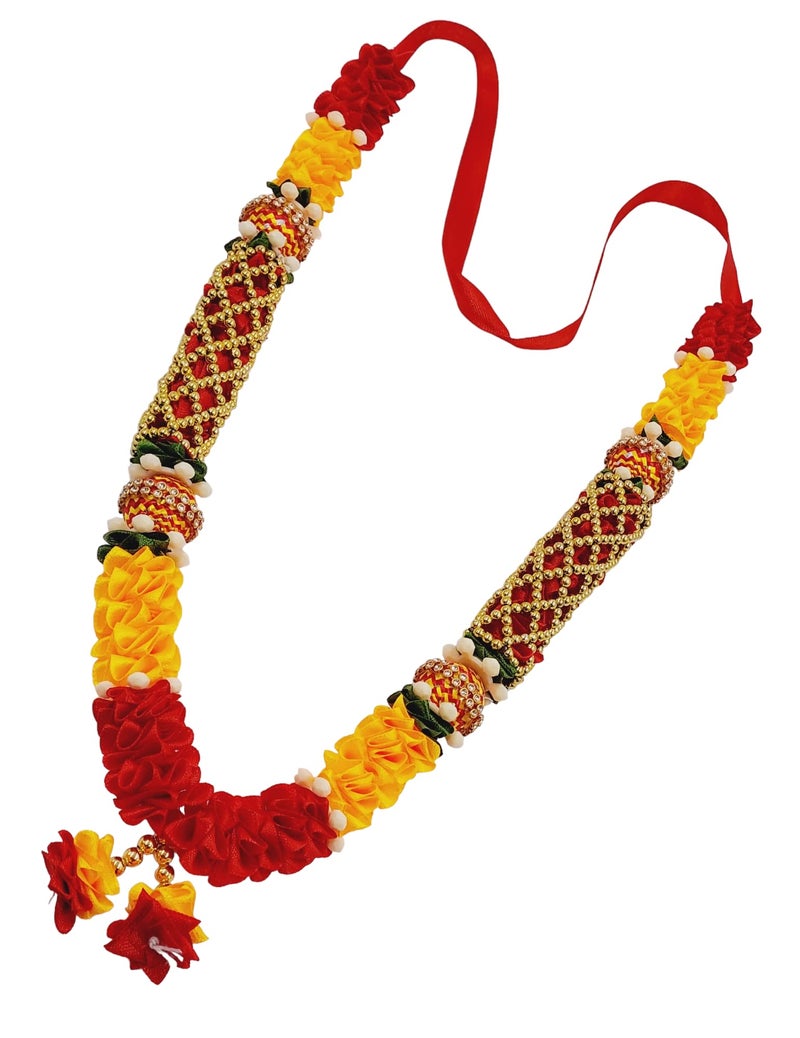 ARTISKRITI Ribbon Mala for Photo Frames and God Idols, Garland for Photos of Loved Ones, Traditional Mala for Ancestors and Pitra, Pooja Room, 34 cm (Set of 2), Red - Image 3
