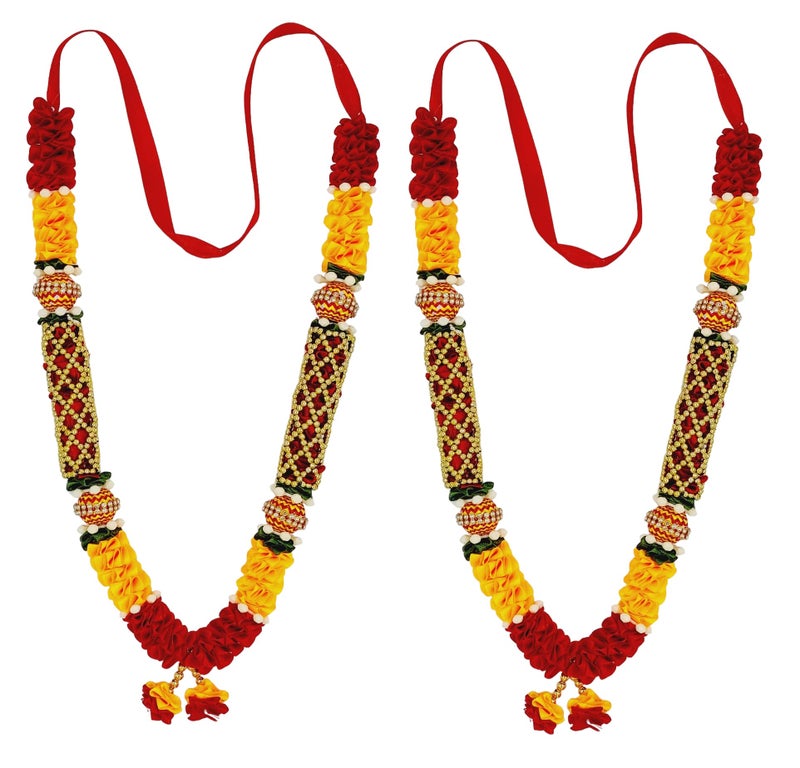 ARTISKRITI Ribbon Mala for Photo Frames and God Idols, Garland for Photos of Loved Ones, Traditional Mala for Ancestors and Pitra, Pooja Room, 34 cm (Set of 2), Red - Image 1