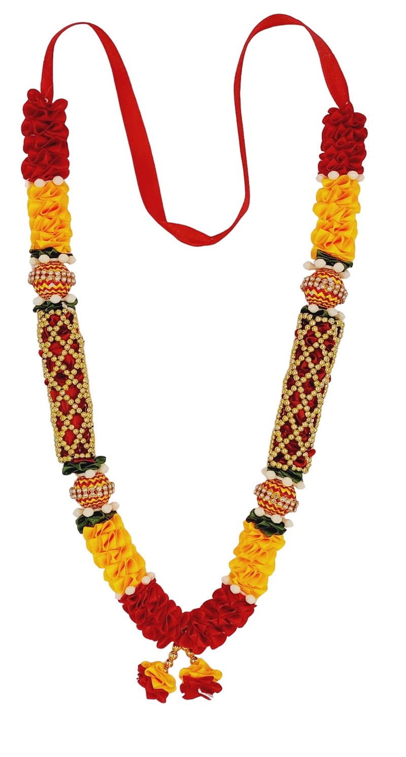 ARTISKRITI Ribbon Mala for Photo Frames and God Idols, Garland for Photos of Loved Ones, Traditional Mala for Ancestors and Pitra, Pooja Room, 34 cm (Set of 2), Red - Image 4