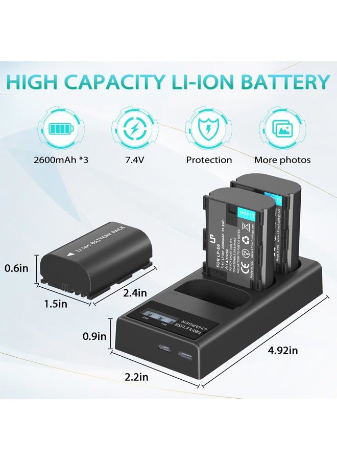 LP E6 E6N Battery Charger Pack, 3-Pack Battery+Triple Slot Charger Compatible with Canon EOS R6 R5 R 90D 80D 70D 60D 60DA 6D 6D Mark II 5D Mark II/III/IV 5DS 5DS R 7D 7D Mark II XC15 XC10 4K/6K - Image 3