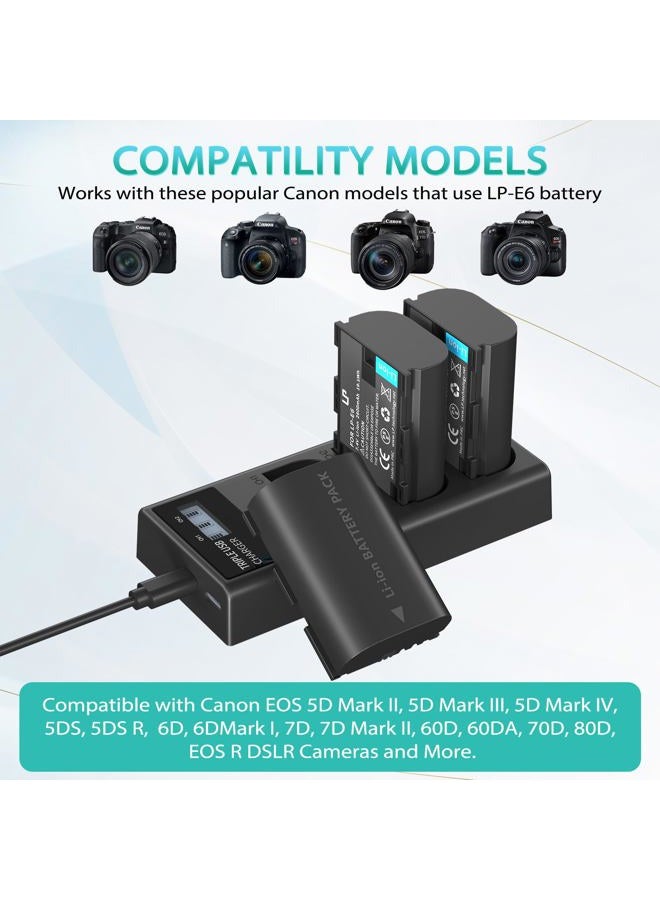 LP E6 E6N Battery Charger Pack, 3-Pack Battery+Triple Slot Charger Compatible with Canon EOS R6 R5 R 90D 80D 70D 60D 60DA 6D 6D Mark II 5D Mark II/III/IV 5DS 5DS R 7D 7D Mark II XC15 XC10 4K/6K - Image 2