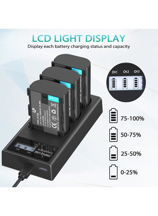 LP E6 E6N Battery Charger Pack, 3-Pack Battery+Triple Slot Charger Compatible with Canon EOS R6 R5 R 90D 80D 70D 60D 60DA 6D 6D Mark II 5D Mark II/III/IV 5DS 5DS R 7D 7D Mark II XC15 XC10 4K/6K - Image 4