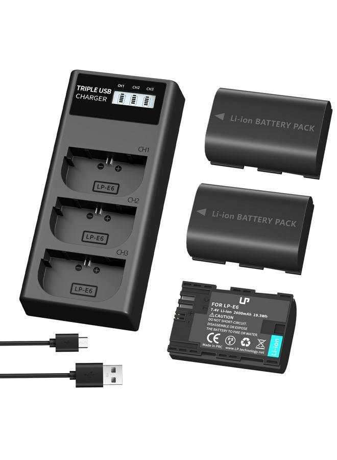 LP E6 E6N Battery Charger Pack, 3-Pack Battery+Triple Slot Charger Compatible with Canon EOS R6 R5 R 90D 80D 70D 60D 60DA 6D 6D Mark II 5D Mark II/III/IV 5DS 5DS R 7D 7D Mark II XC15 XC10 4K/6K - Image 1