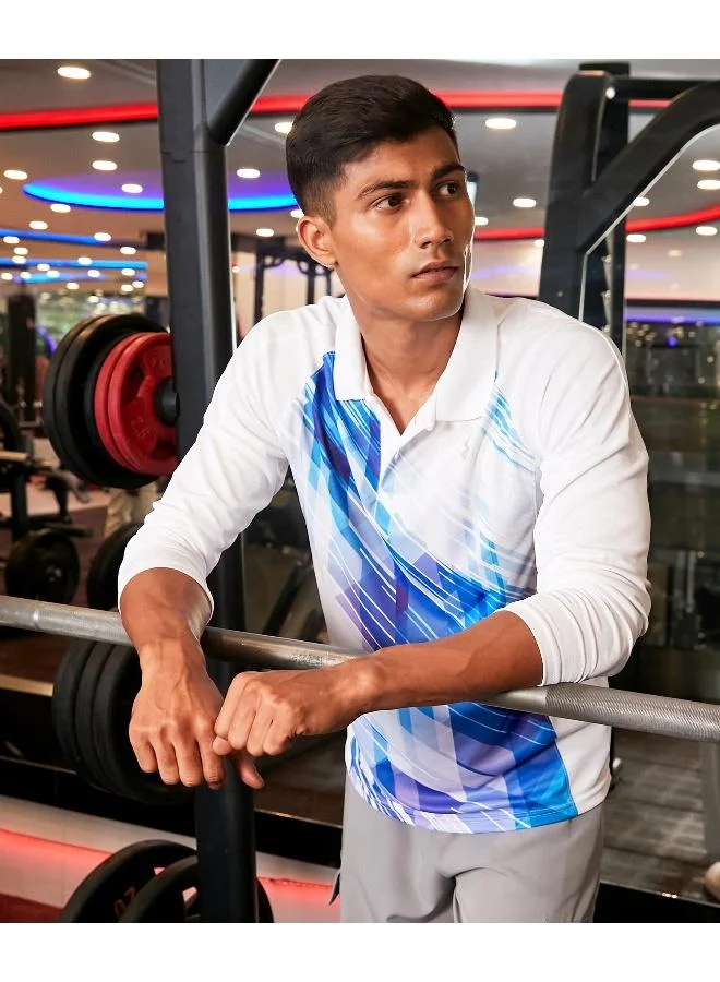 Campus Sutra CS Life Men's White & Blue Contrast Print Activewear T-Shirt For Casual Wear | Spread Collar | Long Sleeve | Anti-Odor | Dri-Fit | Jersey T-Shirt Crafted With Comfort Fit & High-Performance