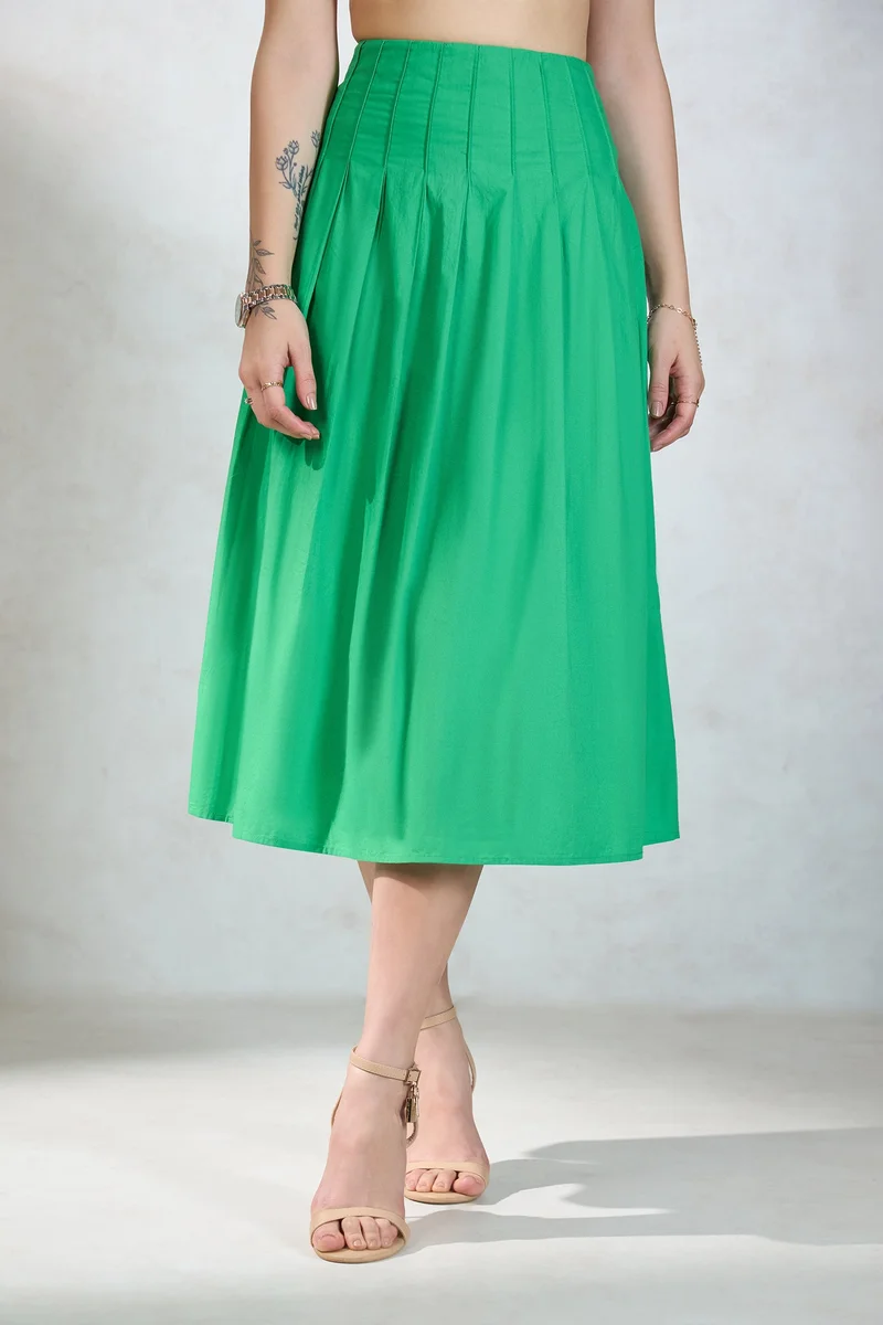 فيرجيو Solid Cotton Pintucked Midi Skirt With Pleats for Women