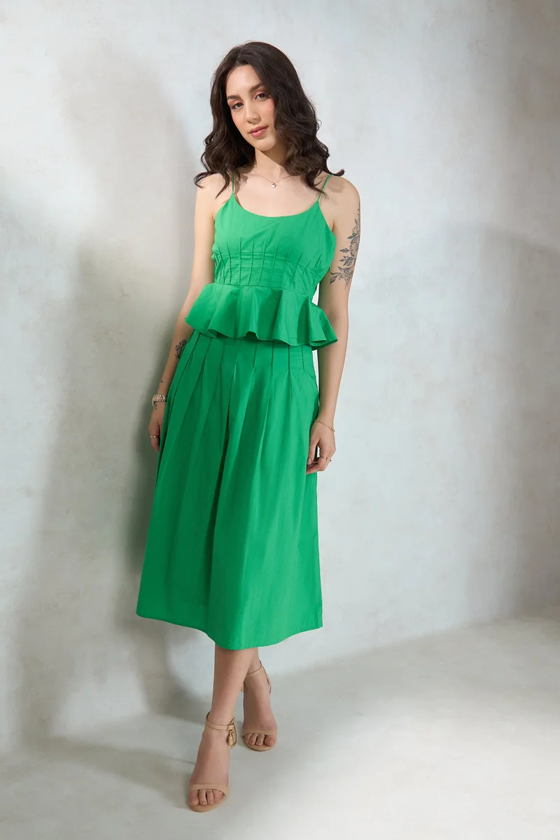 فيرجيو Solid Cotton Pintucked Midi Skirt With Pleats for Women