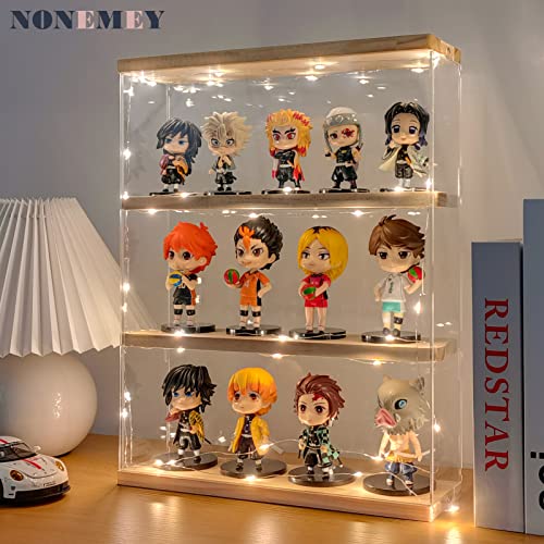 NONEMEY Clear Acrylic Display Case Stand with Wood Base 2 Tier、3 Tier、12/24 Compartments Storage Box Wall Mount Showcase Dustproof Organizer Box for Collectibles (3Tier 12×3.3×15inch) - Image 2