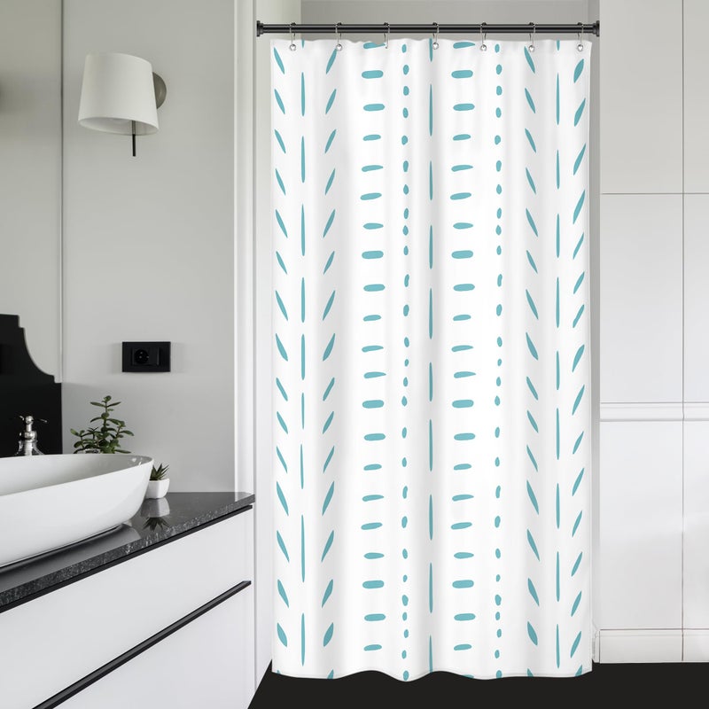 Riyidecor Stall Small Boho Teal Half Size Shower Curtain Striped Geometric Chevron Herringbone 36Wx72H Inch Single Narrow Tiny Walkin Stand Up Fabric Decor Bathroom Polyester Waterproof 7 Pack Hooks - Image 1