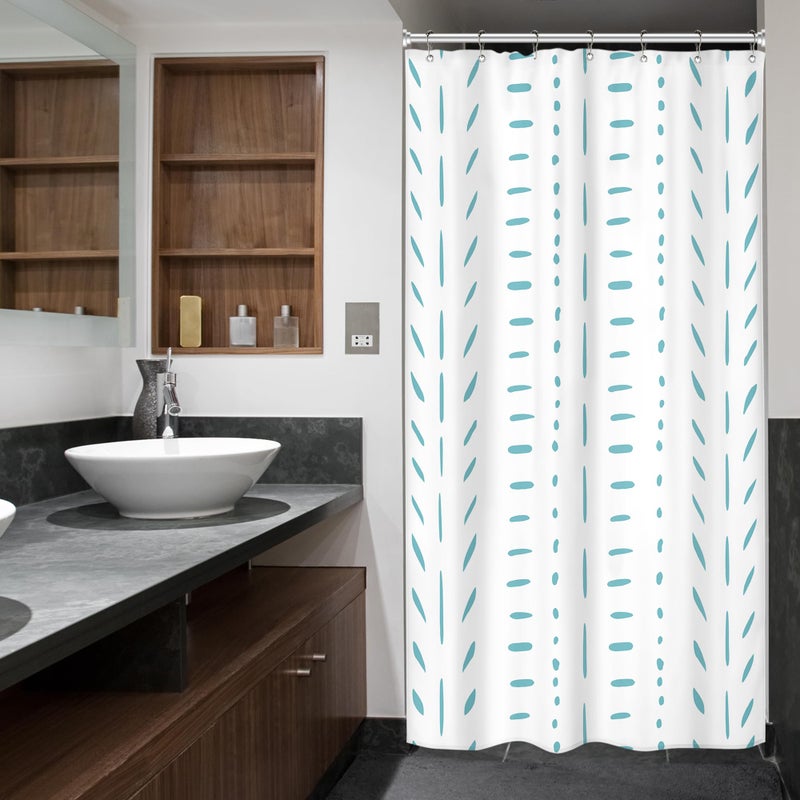 Riyidecor Stall Small Boho Teal Half Size Shower Curtain Striped Geometric Chevron Herringbone 36Wx72H Inch Single Narrow Tiny Walkin Stand Up Fabric Decor Bathroom Polyester Waterproof 7 Pack Hooks - Image 4