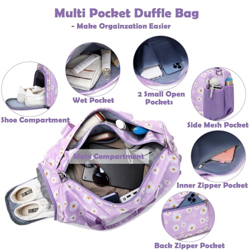 Kimwadalh Duffle Bag for Girls, Purple Daisy Dance Sports Gym Ballet Bag with Wet & Shoe Compartments, Overnight Sleepover Weekender Carry On Travel Bag with Trolley Sleeve for Girls Women - Image 3