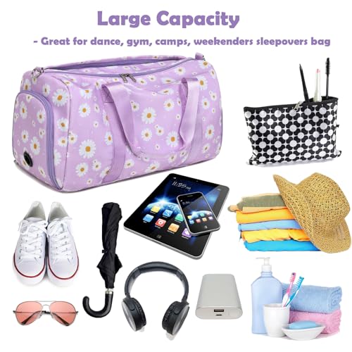 Kimwadalh Duffle Bag for Girls, Purple Daisy Dance Sports Gym Ballet Bag with Wet & Shoe Compartments, Overnight Sleepover Weekender Carry On Travel Bag with Trolley Sleeve for Girls Women - Image 5