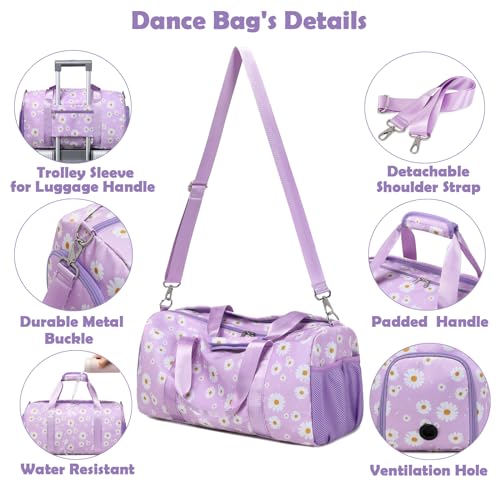 Kimwadalh Duffle Bag for Girls, Purple Daisy Dance Sports Gym Ballet Bag with Wet & Shoe Compartments, Overnight Sleepover Weekender Carry On Travel Bag with Trolley Sleeve for Girls Women - Image 4
