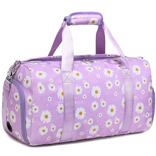 Kimwadalh Duffle Bag for Girls, Purple Daisy Dance Sports Gym Ballet Bag with Wet & Shoe Compartments, Overnight Sleepover Weekender Carry On Travel Bag with Trolley Sleeve for Girls Women - Image 1