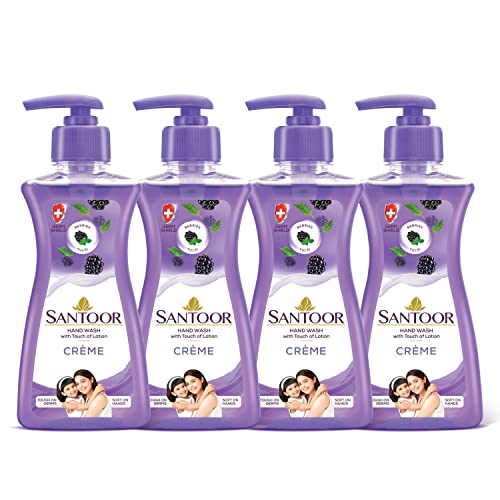 Santoor Crème Handwash 200ml, Pack of 4 with Touch of Lotion| Made with Berries & Tulsi| Rich Lathering Formula with Anti-Bacterial Properties| Soft on Hands| Soothes & Hydrates Skin - Image 1