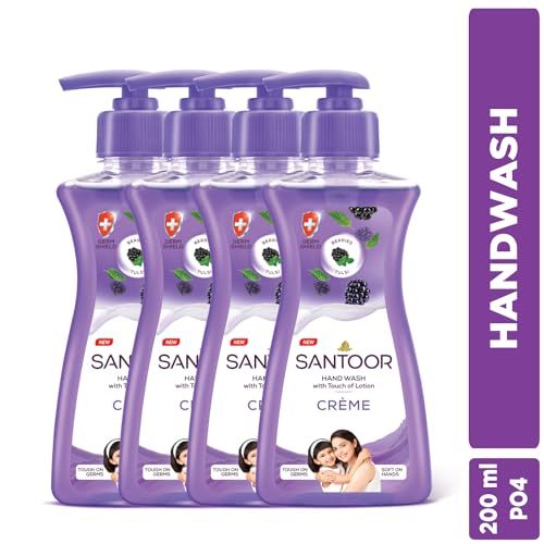 Santoor Crème Handwash 200ml, Pack of 4 with Touch of Lotion| Made with Berries & Tulsi| Rich Lathering Formula with Anti-Bacterial Properties| Soft on Hands| Soothes & Hydrates Skin - Image 2