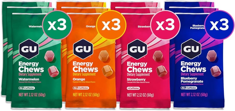 GU Energy Chews Variety Pack Energy Gummies with Electrolytes Vegan GlutenFree Kosher CaffeineCaffeineFree and DairyFree OnTheGo Energy for Any Workout 12 Bags 24 Servings Total - Image 1