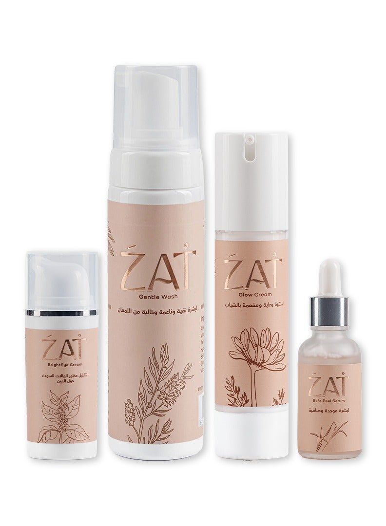 ذات روتين العناية بالبشرة الكامل من زات (غسول لطيف + سيروم تقشير + كريم توهج + كريم برايت آي) - Image 1