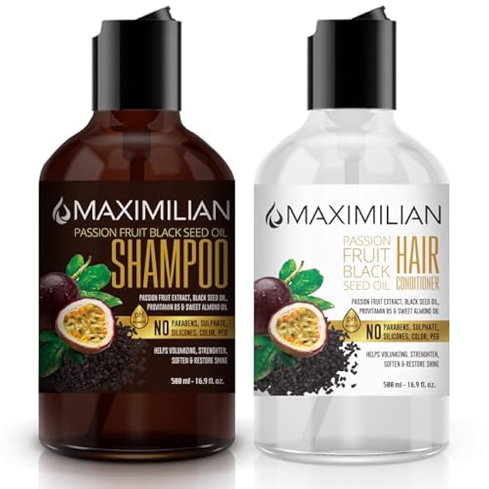 Maximilian Passion Fruit Black Seed Oil Curly Hair Shampoo and Conditioner Set- Extra Volumizing, Strengthing, Moisturizing, Hydration and Shine - Sulfate Paraben Free - (2 x 16.9 Fl Oz / 500mL) - Image 1