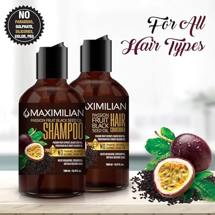 Maximilian Passion Fruit Black Seed Oil Curly Hair Shampoo and Conditioner Set- Extra Volumizing, Strengthing, Moisturizing, Hydration and Shine - Sulfate Paraben Free - (2 x 16.9 Fl Oz / 500mL) - Image 4