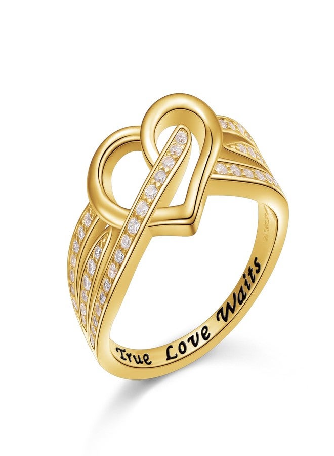DAOCHONG 18K Gold Plated 925 Sterling Silver Rings Eternity Band for Women Ladies Gold Heart Ring Cubic Zirconia Heart Ring Dainty Stackable Jewelry on Anniversary (size 6) - Image 1