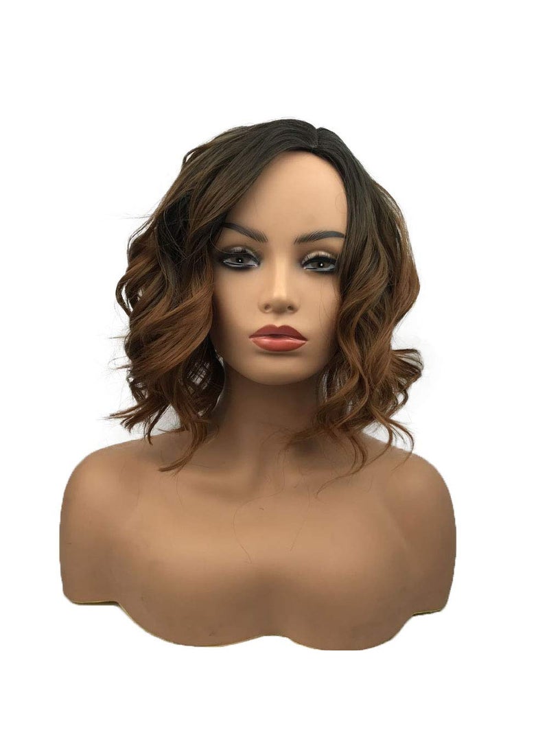Wiginway Wiginway Short Wavy bod Wig for Women, Side Parting Wig, Natural Looking, Ombre Medium Brown Golden 12 Inch 