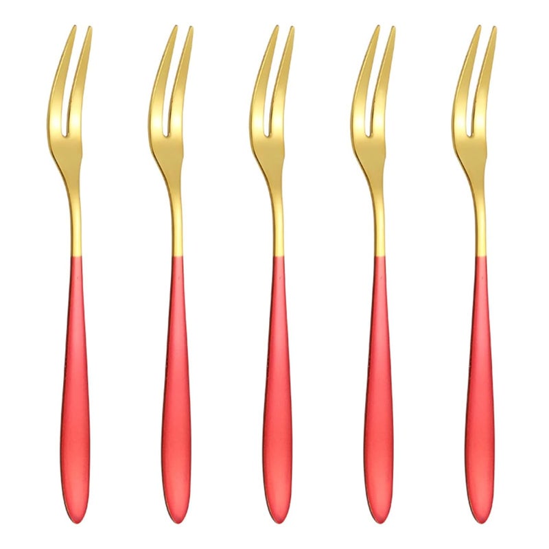 Vortipu Fruit Forks Lovely Lightweight Portable Stainless Steel Fruit Cutlery Dessert Forks for Home RedGolden Set of 5 - Image 1