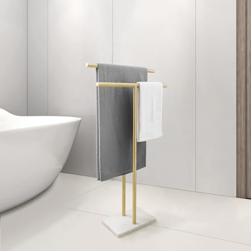 EADOT 40 Inch Standing Towel Rack for Bathroom Floor Double-T Shape Bath Sheet Holder with Marble Design Base Towel Rack Freestanding Next to Tub or Shower Towel Holder Stand SUS304 Brushed Gold - Image 4