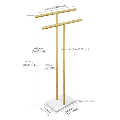 EADOT 40 Inch Standing Towel Rack for Bathroom Floor Double-T Shape Bath Sheet Holder with Marble Design Base Towel Rack Freestanding Next to Tub or Shower Towel Holder Stand SUS304 Brushed Gold - Image 2