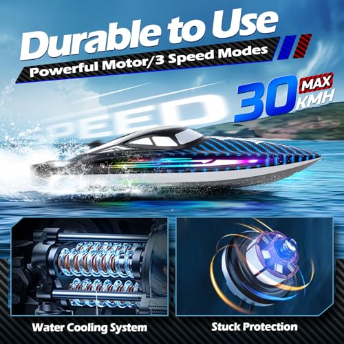 jogpun 30KMH RC Remote Control Boat with 7 LED Light Modes Waterproof Electric Fast Speed Boat for Adults Kids 812 Lake Pool Water PlaySelfrightingDemoWater Cooling20MinsLow Battery Alert24GhzBlue - Image 5