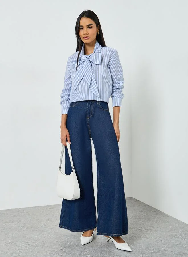 Take Two Light Blue Striped Tie-Up Neck Top