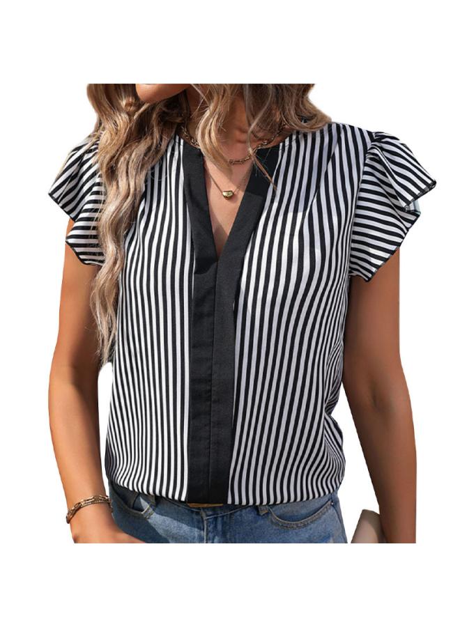 VUELO Summer New Contrast Color Vertical Stripe Stitching Shirt European And American Women's Lotus Leaf Sleeve Pullover Shirt  - Image 5