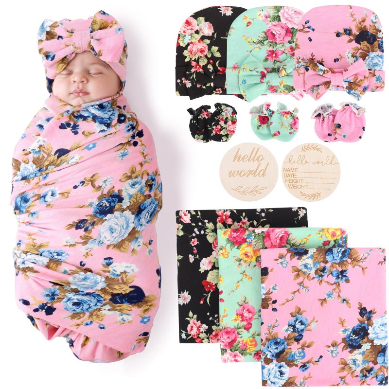 AQOKKA Newborn Receiving Blanket with Bow Hat Headband Set Wheat-Pattern Newborns Toddler Baby Boy Girl Nursery Swaddle Wrap - Image 1
