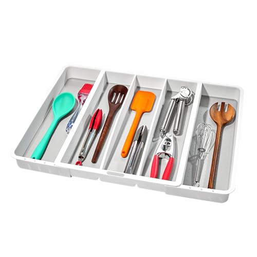 madesmart Expandable Utensil Tray-White | Classic Collection | 5-Compartments | Kitchen Organizer | Soft-Grip Lining and Non-Slip Rubber Feet | Easy to Clean | BPA-Free - Image 1