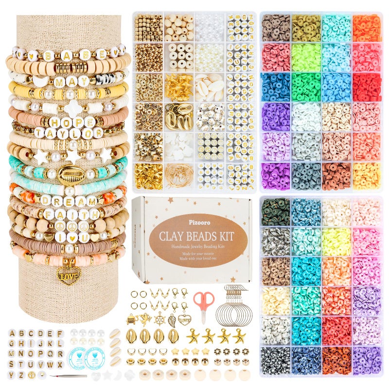 Pizooro Clay Beads 3 Boxes Bracelet Making Kit, 10500pcs Beads for Jewelry Making, Round Letter Beads with Charm and Elastic Strings, Friendship Bracelets Holiday Gifts for Girls Adults - Image 1