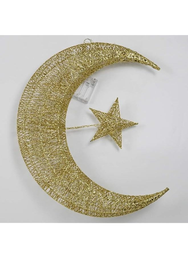 The Bros 40 cm Golden Crescent Moon with Star Wall Hanging Light for Eid & Ramadan Decorations - LED Wall Décor for Home & Garden  - Image 1
