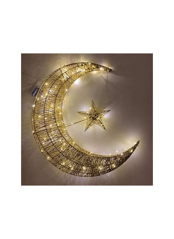 The Bros 40 cm Golden Crescent Moon with Star Wall Hanging Light for Eid & Ramadan Decorations - LED Wall Décor for Home & Garden  - Image 2