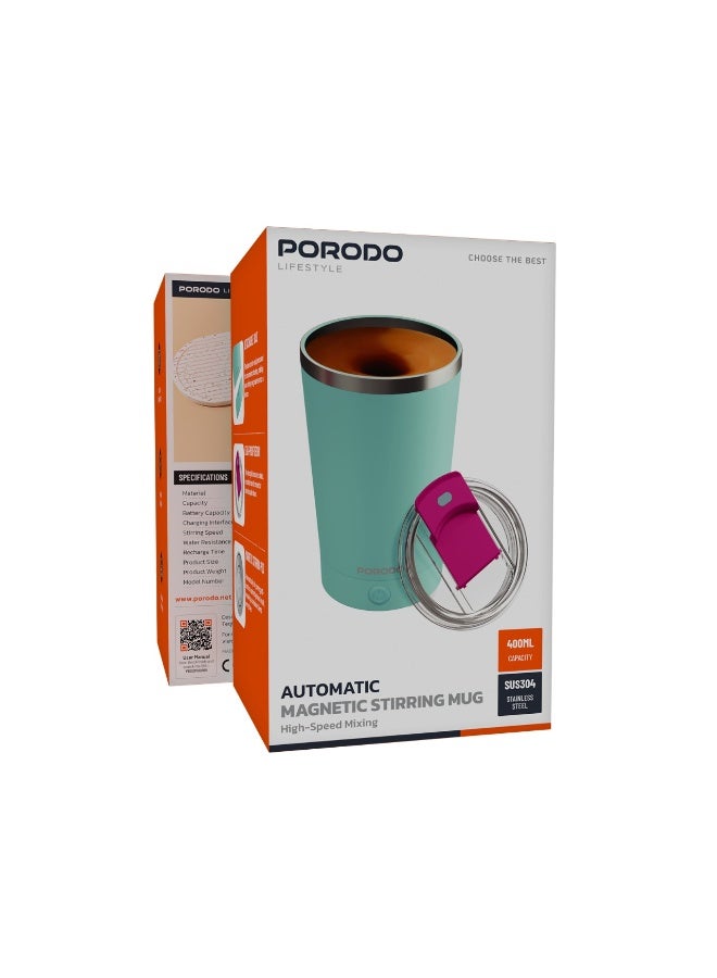 porodo Detachable Self Stirring Portable Mug Double Wall Stainless Steel 400ml / Leak-Proof Silicone Lid  / High-Speed Mixing / Magnetic Stirring Pod / Stirring Speed 7000RPM / Battery Capacity 300mAh - Blue - Image 2